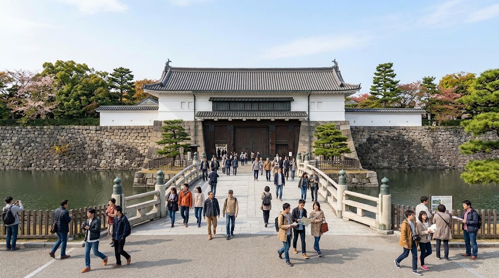 神泉苑近くに位置する世界遺産・二条城の東大手門とお堀の風景