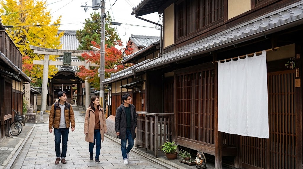 京都の西陣周辺の風情ある石畳の小路で、格子戸や暖簾が下がる古い町家や神社の鳥居を眺めながらのんびりと散策を楽しむ秋の観光客たち