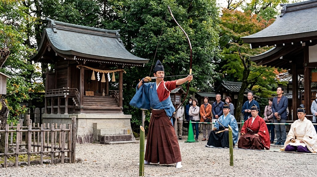 白峯神宮の伴緒社祭にて、小笠原流の伝統的な射手装束をまとった男性が境内の砂利の上で大きな和弓を力強く引き絞る御弓神事(奉射)の一瞬