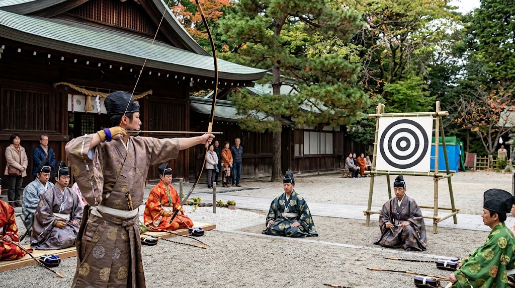 伴緒社祭(御弓神事)にて、直垂姿の射手が和弓を構えて十数メートル先の白地に黒の同心円が描かれた大きな的(標的)を狙う神事の緊張感あふれる場面