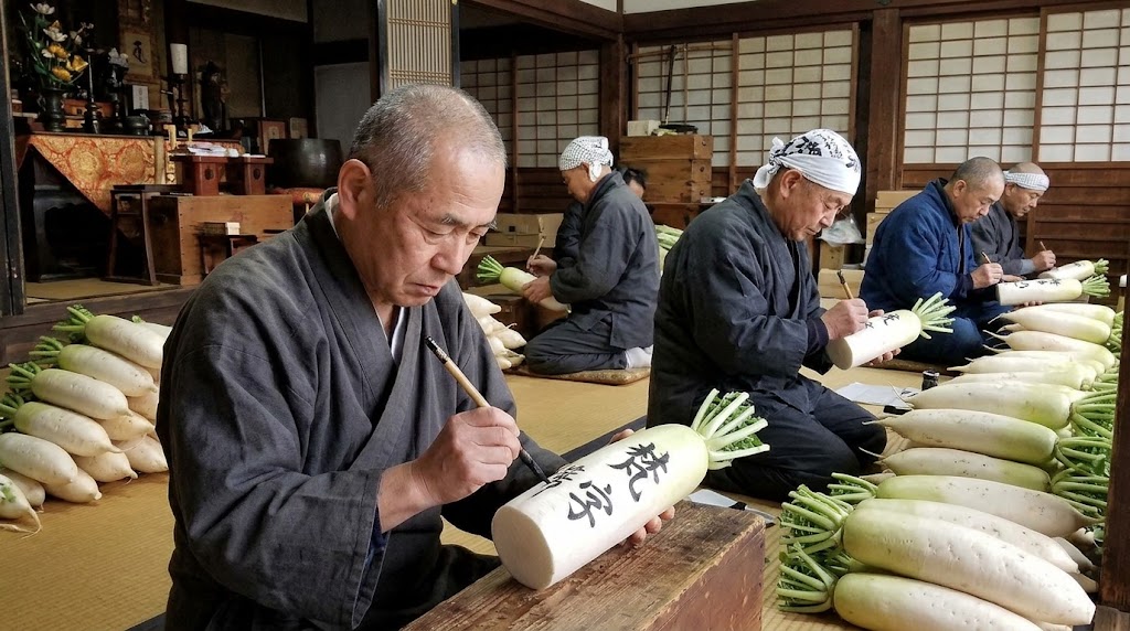千本釈迦堂（大報恩寺）の木造の屋内（本堂）で、作務衣や半纏（はんてん）を身にまとった日本の僧侶や寺院関係者たちが、大根焚きに使う生の大根の切り口に、墨と筆を使って、釈迦如来を象徴する「梵字（ぼんじ）」を一つひとつ手作業で真剣に書き入れている様子。周囲の畳の上には、たくさんの生大根が積み上げられている。