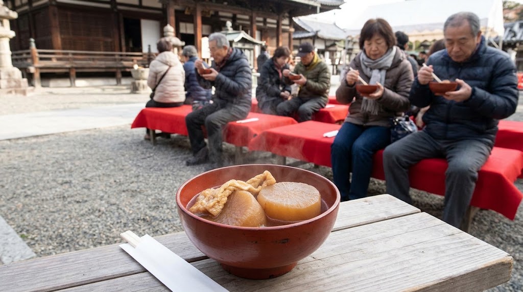 千本釈迦堂の境内の木製テーブルに置かれた、大根焚き（だいこだき）の一杯。お椀の中には、出汁がよく染み込んだ分厚い2つの輪切り大根と、ふっくらとした油揚げが入っており、割り箸が添えられている。背景には、赤いベンチに座って温かい大根を味わう、コートを着た参拝客たちの姿と寺院の境内が緩やかにボケて写っている。
