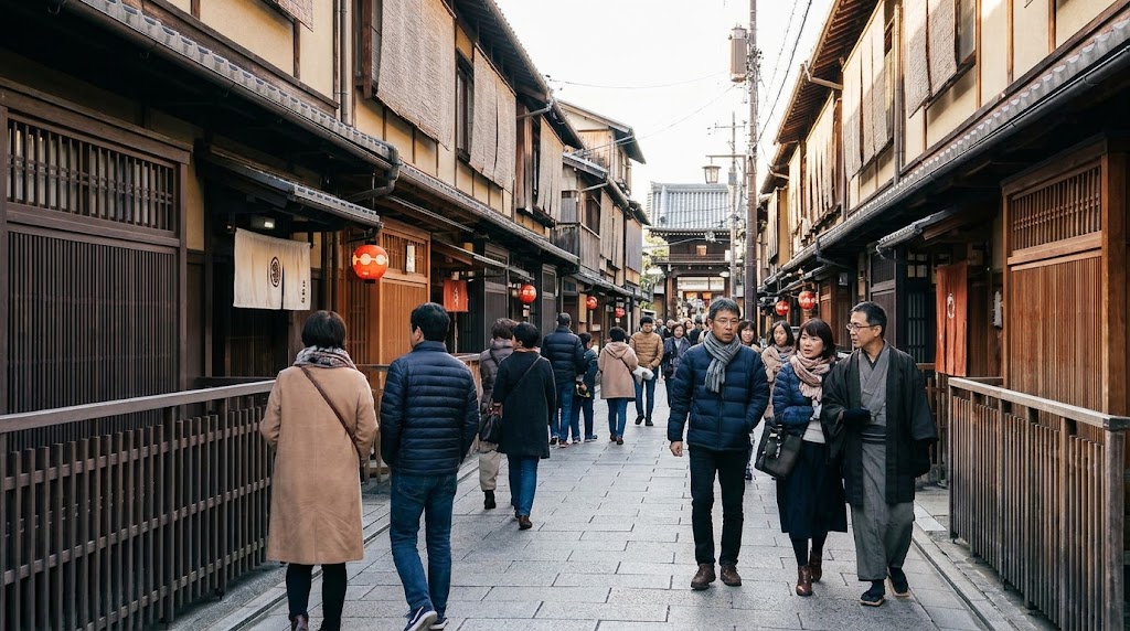 千本釈迦堂の近くにある、京都の歴史ある花街「上七軒（かみしちけん）」の風情ある街並み。格子戸や2階建ての古い木造町家、軒灯（丸い赤提灯）が続く石畳の小路を、冬のコートや着物を着た観光客や地元の人々が落ち着いた雰囲気で散策している様子。遠くには寺院の山門が見える。