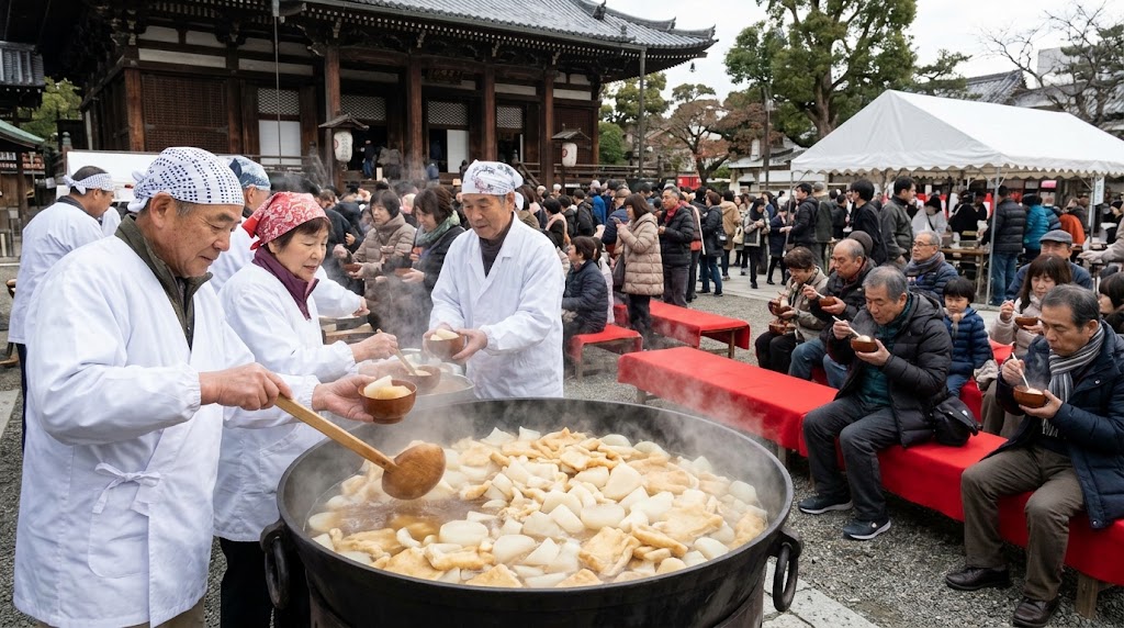 千本釈迦堂（大報恩寺）の境内で開催されている大根焚きのイベント風景。白い割烹着や作務衣を着たお寺の人々が、湯気立ち上る巨大な丸鍋から、輪切りの大根と油揚げを次々とお椀に盛り付けている様子。赤い毛氈が敷かれたベンチには、温かい大根を味わう大勢の参拝客（日本人）が座り、賑わいを見せている。