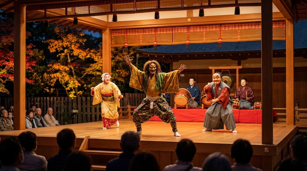 神泉苑の大念仏狂言にて、仮面と衣装を着た日本人男性の演者たちが、太鼓や笛の囃子に合わせて舞台で躍動的に舞う様子。