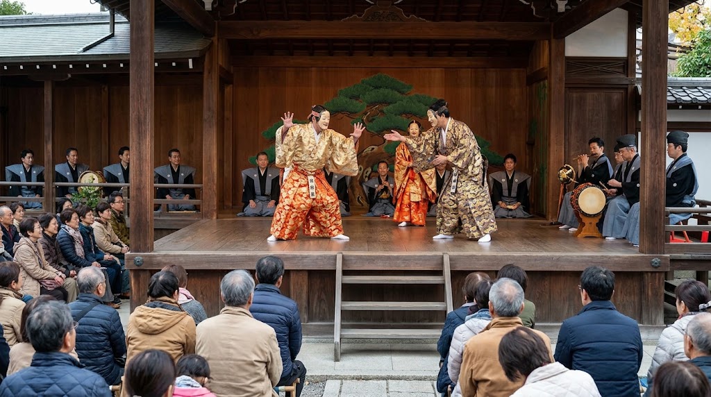 神泉苑狂言堂の舞台で面を着けて演じられる無言劇の大念仏狂言