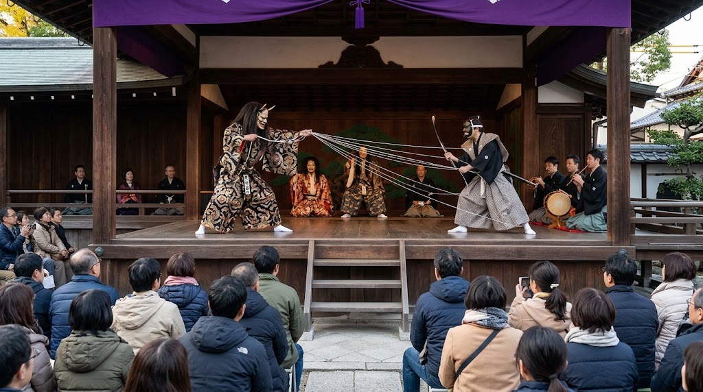 神泉苑大念仏狂言の演目「土蜘蛛」で蜘蛛の糸が放たれる立ち回り
