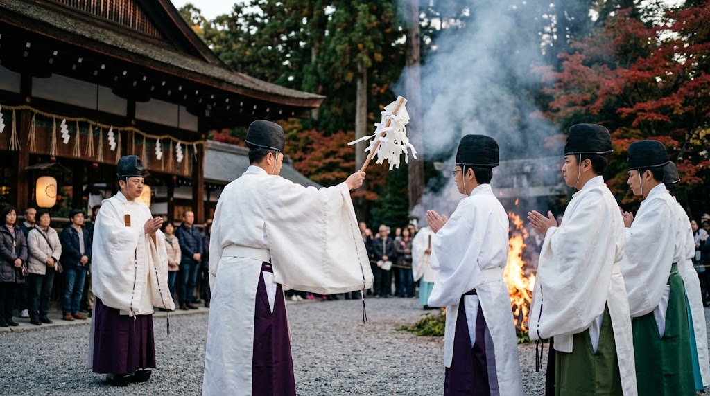 城南宮の火焚祭で大幣を振りお祓いを行う神職と参拝者の様子