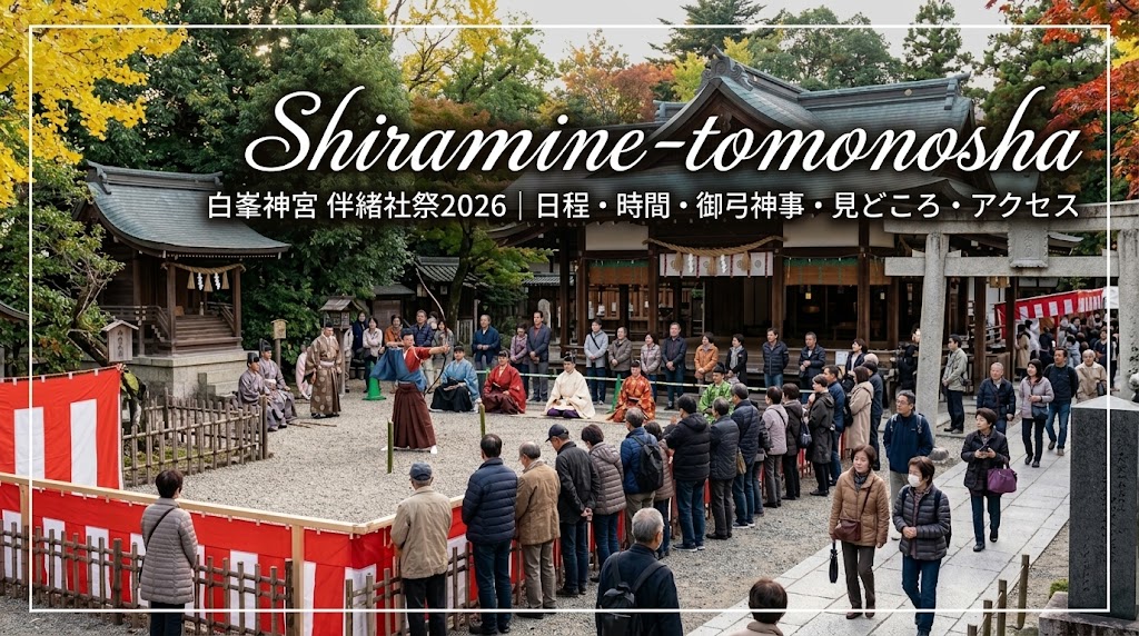 京都の白峯神宮で大勢の参拝客が見守る中、格式高く執り行われる伴緒社祭（御弓神事）の厳かな境内と弓を引く射手たちの全景
