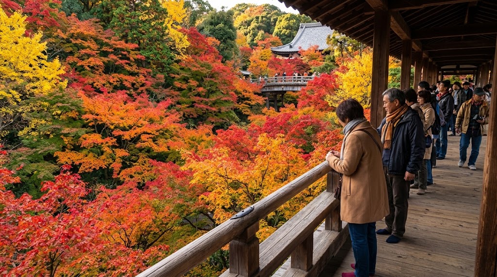 都・東福寺の通天橋（木造の廊下）から、赤や黄色に色鮮やかに染まる渓谷「洗玉澗」の紅葉を見下ろす観光客たちの姿。