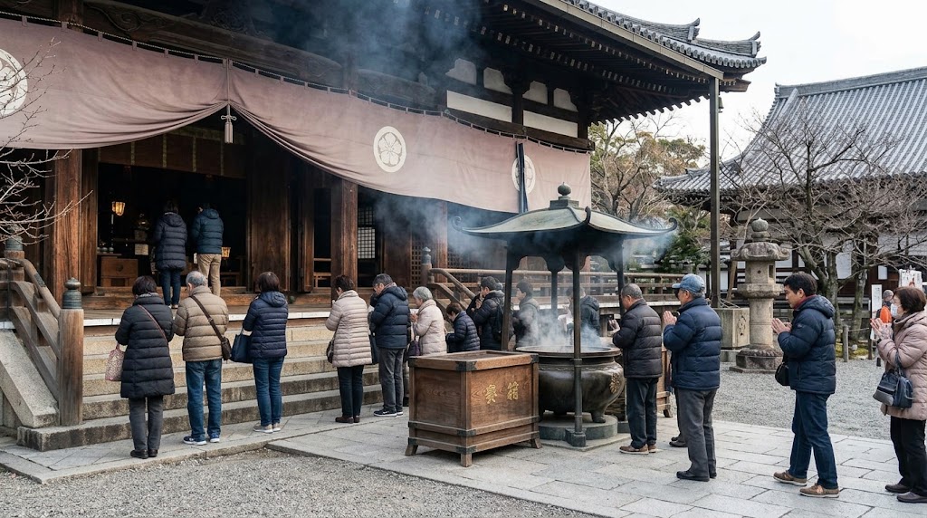 東寺の「御影堂(おどう)」で、常香炉から立ち上る煙の周りや堂の前で静かに手を合わせる、多くの日本人参拝客の様子。露店の賑わいとは対照的に、お堂の前で年末の感謝と祈りを捧げる落ち着いた信仰の風景。