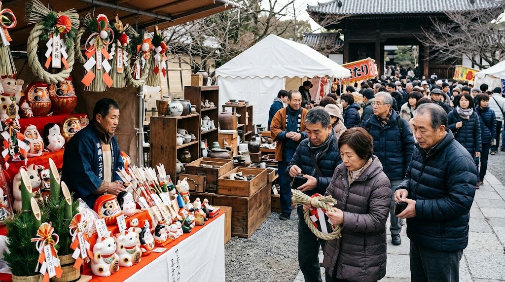 東寺「終い弘法」の露店で、正月飾りやだるま、招き猫、陶器などの縁起物や古道具を品定めする参拝客たち。店主と客が対話し、商品を手に取って買い物を楽しむ冬の弘法市の詳細な様子。