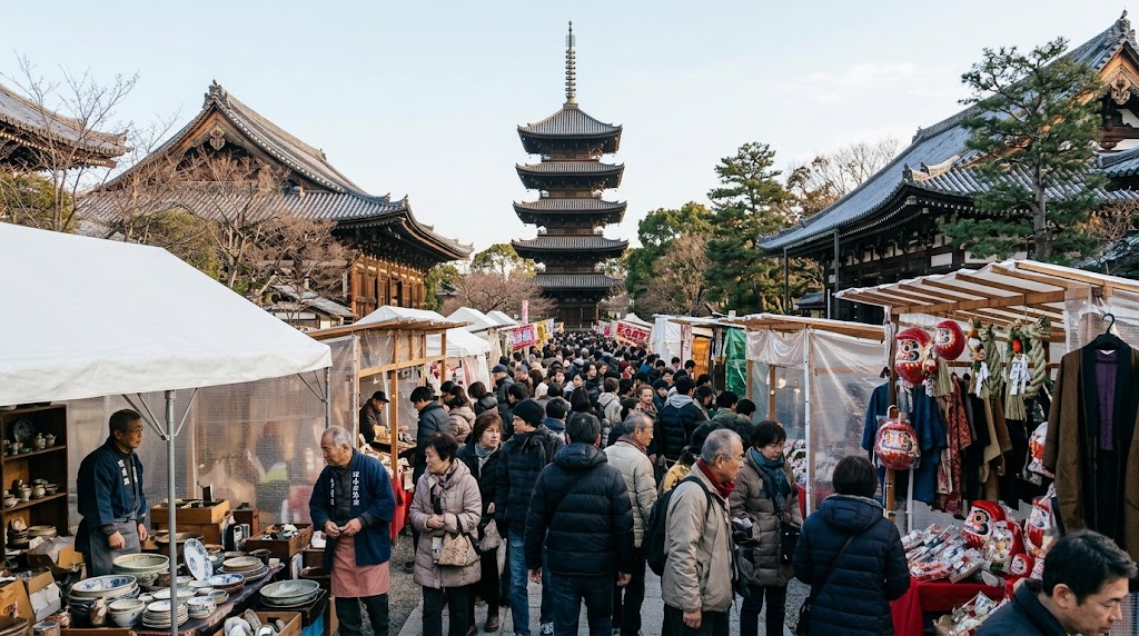 年末の東寺「終い弘法」で、五重塔や歴史あるお堂の間に並ぶ多数の露店と、そこを埋め尽くす大勢の参拝客(日本人)。冬の冷たい空気の中、コートやダウンを着た人々が賑やかに境内を歩く、活気に満ちた年内最後の市の光景。