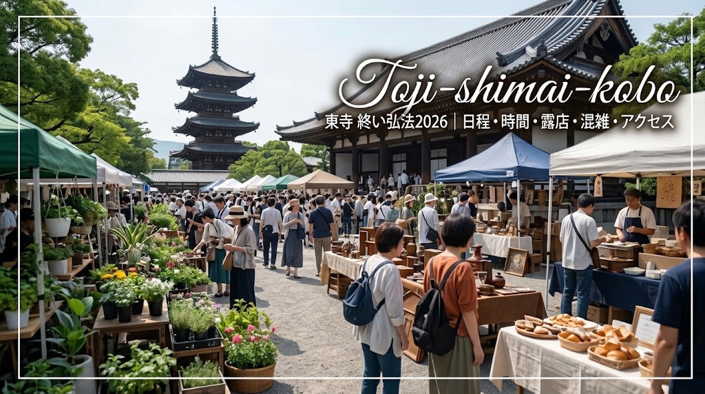 冬の京都・東寺の「終い弘法」で賑わう境内の全体風景。中央にそびえ立つ五重塔を背景に、防寒着を着た大勢の参拝客が行き交い、お正月の縁起物や骨董品を扱う白いテントの露店がびっしりと立ち並ぶ活気あふれる様子。