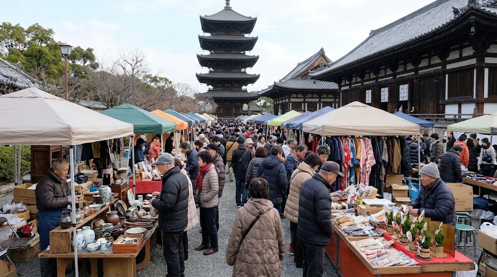 12月21日、京都の東寺で、五重塔を背景に、正月飾りや骨董品などを売る多数の露店と、買い物や参拝を楽しむ大勢の群衆で賑わう終い弘法の様子