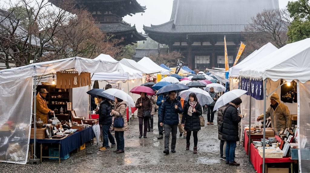 冬の雨が降る東寺「終い弘法」で、色とりどりの傘を差して境内を行き交う参拝客たち。ビニールシートで雨よけをした露店(白いテント)が立ち並び、雨の中でも多くの人々が買い物や参拝を楽しむ風情ある様子。