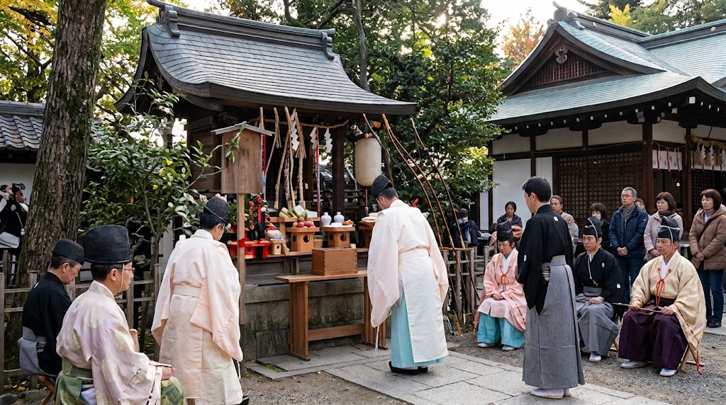 京都の白峯神宮の境内で、神職や装束を身にまとった参列者たちが小さな伴緒社(末社)の前で静かに頭を下げて行う伴緒社祭の厳かな神事の様子