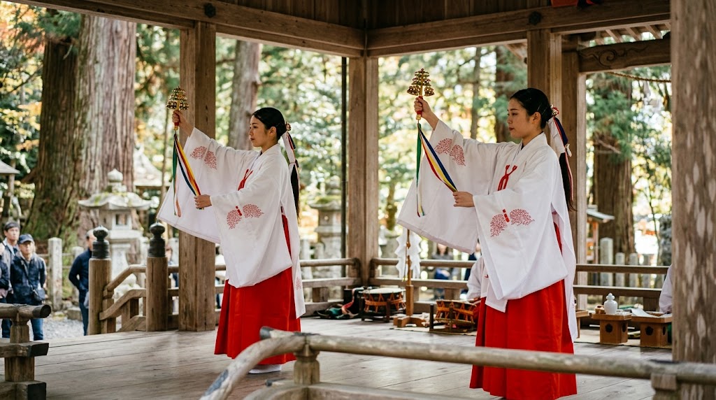城南宮の神楽殿で無病息災と平安を祈り「浦安の舞」を奉納する二人の巫女
