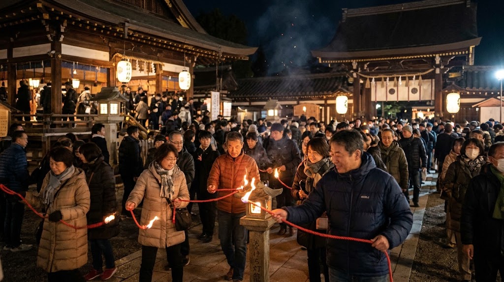 大晦日の夜、京都の八坂神社で、参拝客が『をけら灯籠』の火を『吉兆縄』に移し、火が消えないよう回しながら境内を歩く幻想的なをけら詣りの様子